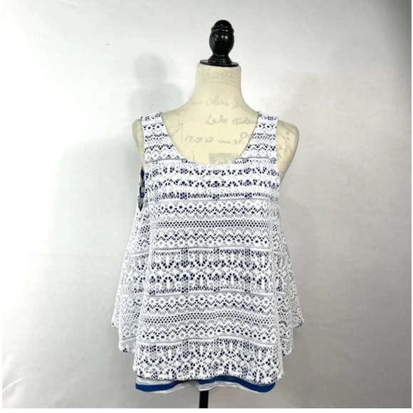 Anthropologie Postmark Blue and White Striped Top Crochet Overlay NWT Swing Tank - Picture 2 of 9